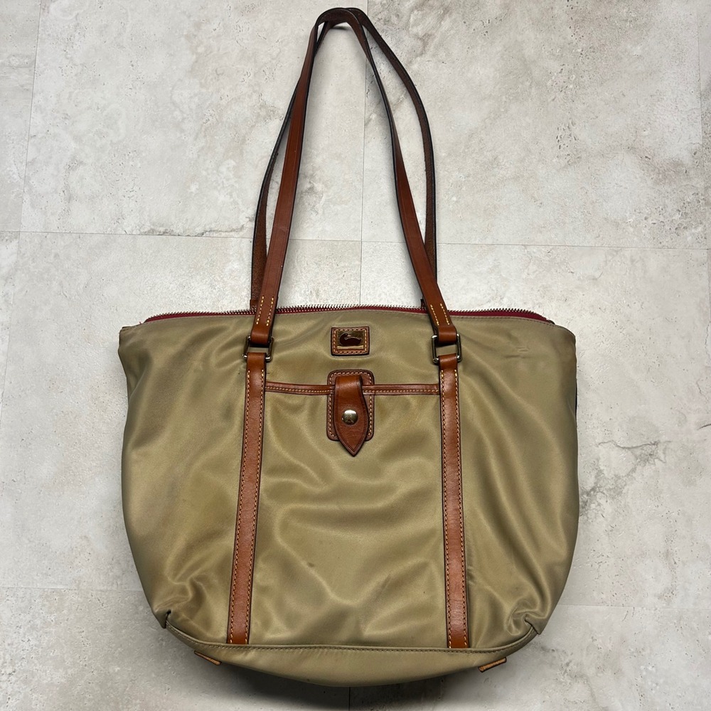 Dooney & Bourke Nylon Tote Bag Khaki Tan Leather Trim Large Shoulder Bag